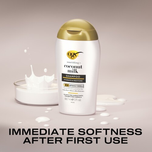 OGX Nourishing + Coconut Milk Moisturizing Hair Shampoo, TSA-Compliant Travel Size Perspective: left