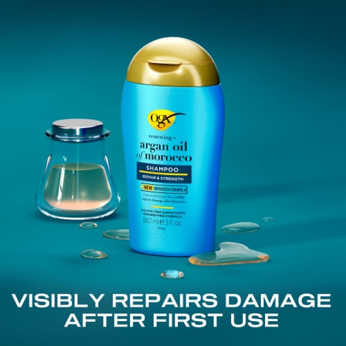 OGX Renewing + Argan Oil of Morocco Repairing Shampoo, TSA-Compliant Travel Size Perspective: left
