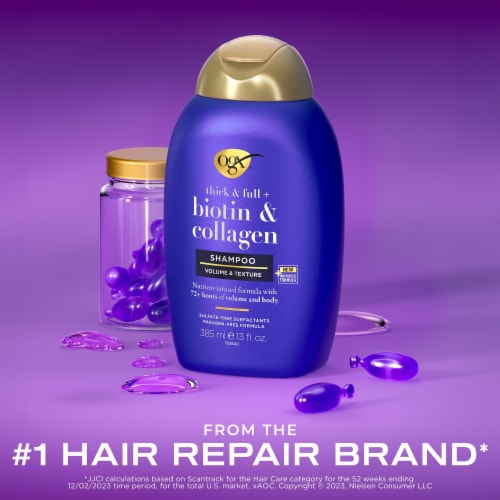 OGX Thick & Full + Biotin & Collagen Volumizing Shampoo, Nutrient-Infused, Sulfate-Free Surfactants Perspective: left