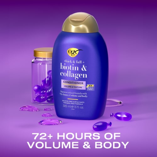 OGX Thick & Full + Biotin & Collagen Volumizing Conditioner Nutrient-Infused with Vitamin B7 Biotin Perspective: left