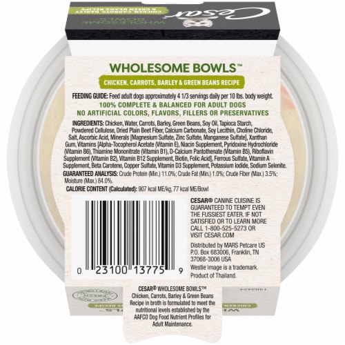 Cesar Wholesome Bowls™ Chicken Carrots Barley & Green Beans Recipe Adult Soft Wet Dog Food Topper Perspective: left