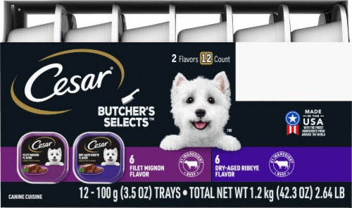 Cesar Butcher's Selects Filet Mignon and Dry-Aged Ribeye Flavors Wet Dog Food Perspective: left