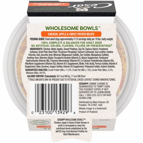 Cesar Wholesome Bowls Chicken Apple & Sweet Potato Recipe Adult Soft Wet Dog Food Topper Perspective: left
