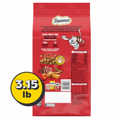 Temptations Complete Nutrition Block Party BBQ Beef Chicken and Cheese Flavor Adult Dry Cat Food Perspective: left