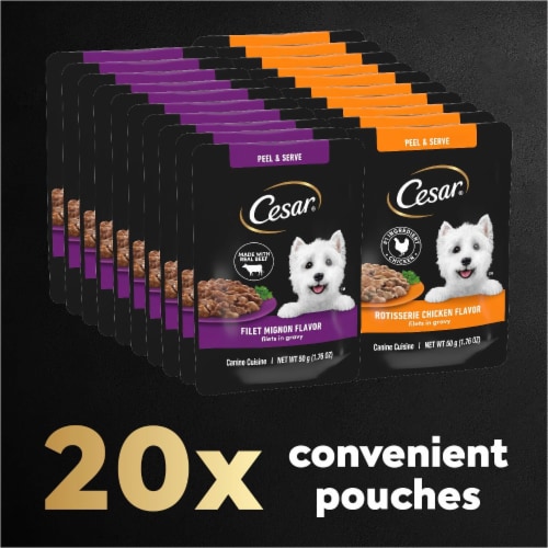 Cesar Filets in Gravy Filet Mignon and Rotisserie Chicken Wet Dog Food Variety Pack Mini-Pouches Perspective: left
