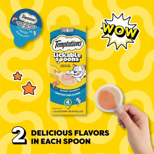 Temptations Lickable Spoons Adult Wet Cat Treat Savory Salmon and Tempting Tuna Flavor Perspective: left