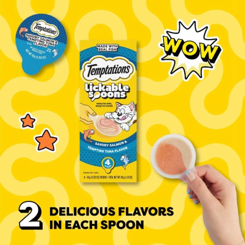 Temptations Lickable Spoons Adult Wet Cat Treat Savory Salmon and Tempting Tuna Flavor Perspective: left