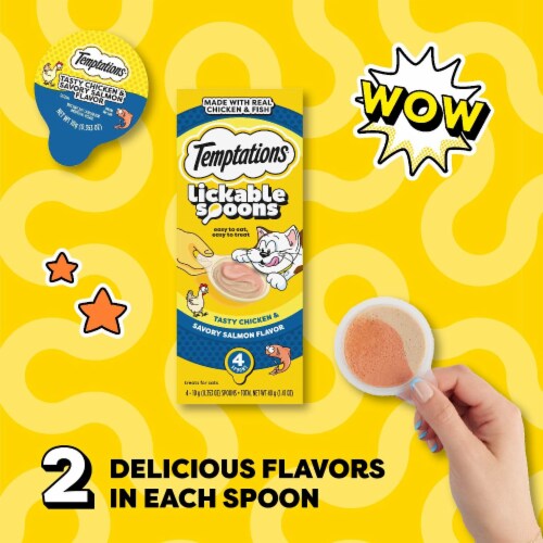 Temptations Lickable Spoons Wet Cat Treat Tasty Chicken and Savory Salmon Flavor Perspective: left