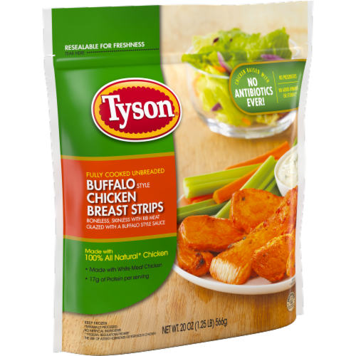 Tyson® Frozen Fully Cooked Unbreaded Buffalo Style Chicken Breast Strips Perspective: left