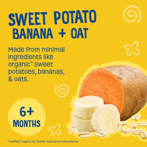 Earth's Best Organic Baby Food Pouches, 6+ Months, Fruit & Grain Puree, Sweet Potato Banana Oat Perspective: left