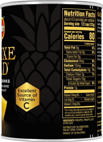 Del Monte® Deluxe Gold® Pineapple Chunks in 100% Pineapple Juice Canned Fruit Perspective: left