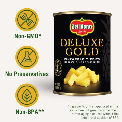 Del Monte® Deluxe Gold™ Pineapple Tidbits in 100% Pineapple Juice Perspective: left