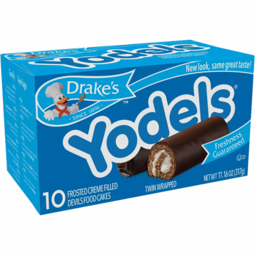 Drake's Yodels, 12 Boxes, 120 Twin-Wrapped Devils Food Cake Rolls, Full Case Perspective: left