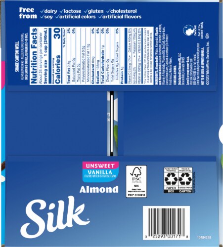 Silk® Pure Unsweetened Vanilla Almondmilk Cartons Perspective: left