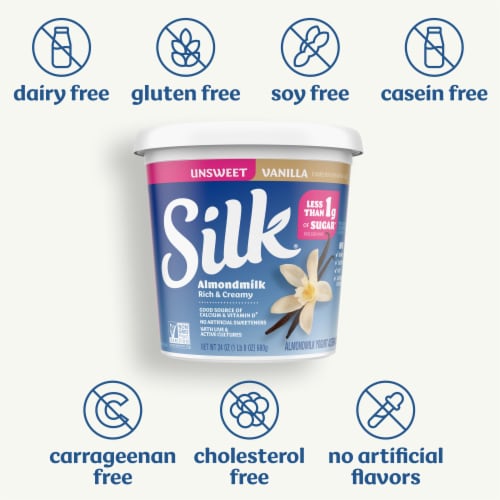 Silk Unsweetened Vanilla Dairy Free Almond Milk Yogurt Tub Perspective: left