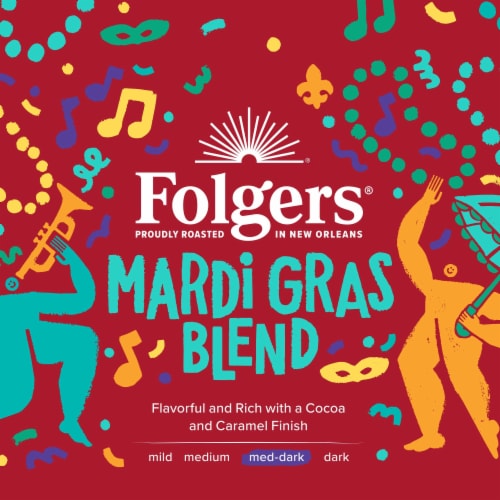 Folgers Mardi Gras Blend Ground Coffee, Medium-Dark Roast Perspective: left