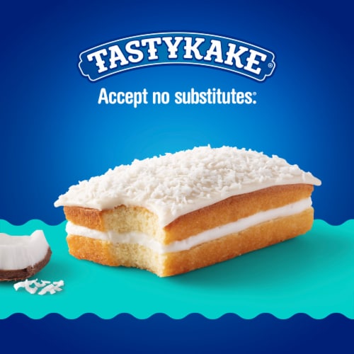 Tastykake Coconut Juniors, 4 Count, 4 Individually Wrapped Coconut Topped Snack Cakes Perspective: left