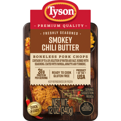 Tyson® Pork Chops Smokey Chili Butter Freshly Seasoned Boneless Ready to Cook Perspective: left