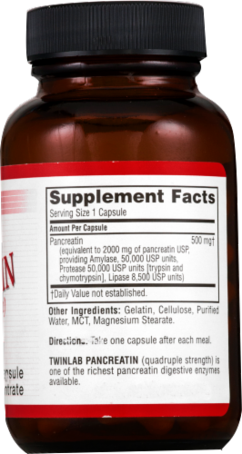 Twinlab Pancreatin Quadruple Strength Capsules Perspective: left
