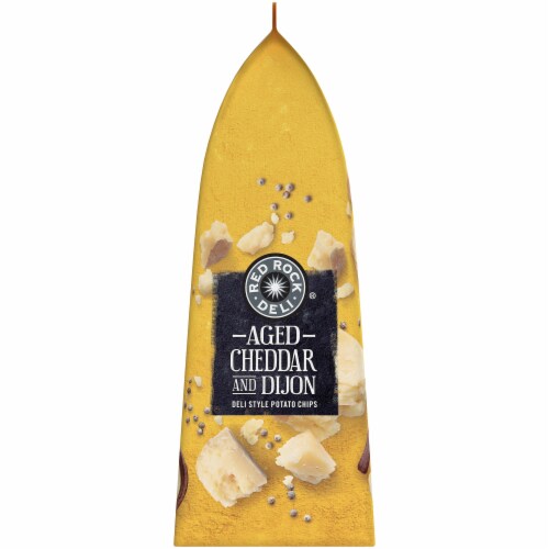 Red Rock Deli Kettle Chips Aged Cheddar and Dijon Deli Style Potato Chips Snacks Perspective: left