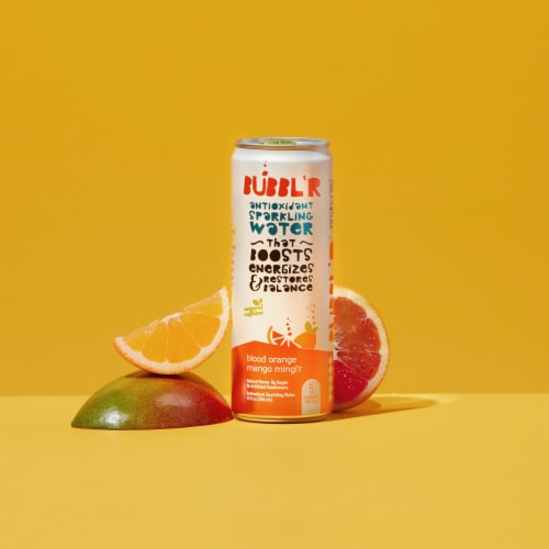 BUBBL'R Blood Orange Mango Mingl’r Antioxidant Sparkling Water Cans Perspective: left