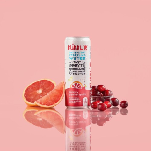 BUBBL'R Cranberry Grapefruit Sparkl’r Antioxidant Sparkling Water Cans Perspective: left
