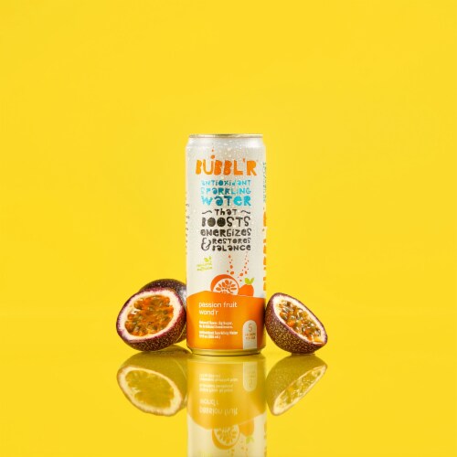 BUBBL'R Passion Fruit Wond’r Antioxidant Sparkling Water Cans Perspective: left