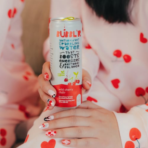 BUBBL'R Wild Cherry Chill'r Antioxidant Sparkling Water Cans Perspective: left
