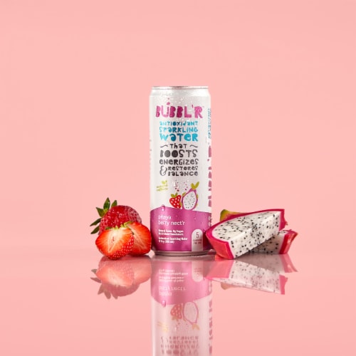 BUBBL'R Pitaya Berry Nect’r Antioxidant Sparkling Water Cans Perspective: left