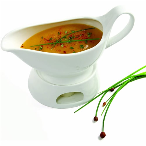 Norpro Porcelain Gravy Sauce Serving Boat with Stay Warm Candle Heated Stand - White Perspective: left