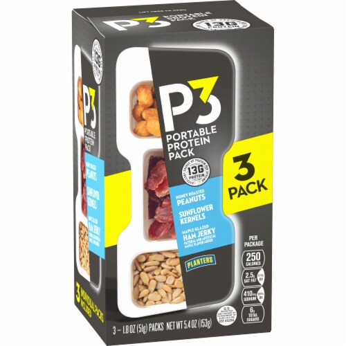 Planters P3 Honey Roasted Peanuts Ham Jerky & Sunflower Kernels Portable Protein Packs Perspective: left