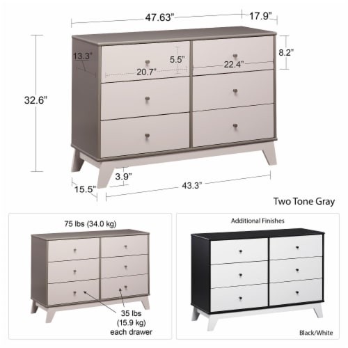 Little Seeds Rowan Valley Flint 6 Drawer Dresser, Solid Wood Angled Feet Perspective: left