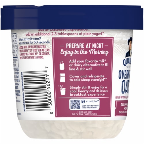 Quaker Overnight Oats Raisin Walnut Honey Chilled Oatmeal Breakfast Cup Perspective: left