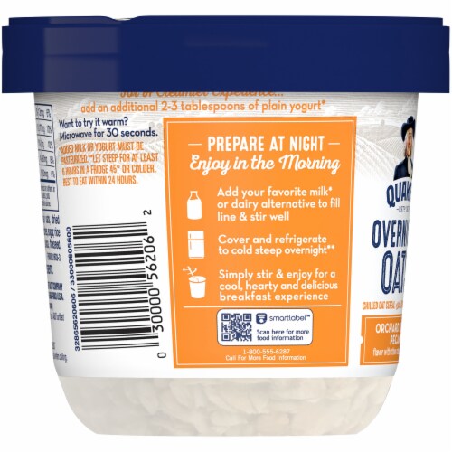 Quaker Overnight Oats Orchard Peach Pecan Chilled Oatmeal Breakfast Cup Perspective: left
