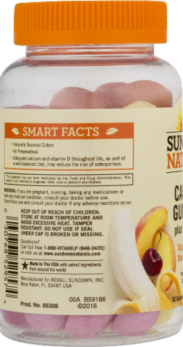 Sundown Naturals Calcium Plus Vitamin D3 Peach Banana & Cherry Flavored Gummies Perspective: left