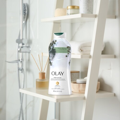 Olay Fresh Outlast Paraben Free with Relaxing Notes of Eucalyptus and Spirulina Body Wash Perspective: left