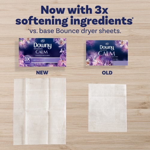 Downy Infusions Lavender and Vanilla Bean Calm Mega Dryer Sheets Perspective: left