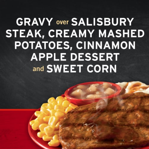 Banquet Salisbury Steak With Creamy Mashed Potatoes And Cinnamon Apple Dessert Frozen Meal Perspective: left
