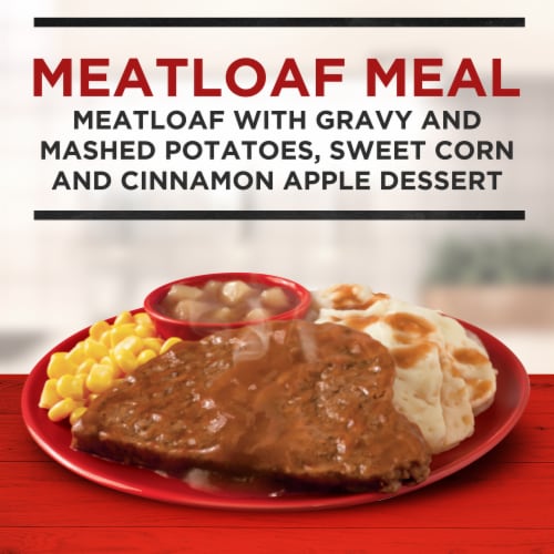 Banquet Meatloaf With Creamy Mashed Potatoes And Cinnamon Apple Dessert Frozen Meal Perspective: left