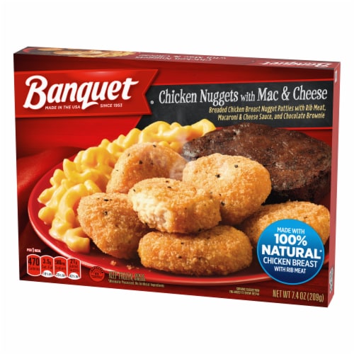 Banquet Chicken Nuggets With Mac And Cheese And Brownie Frozen Meal Perspective: left