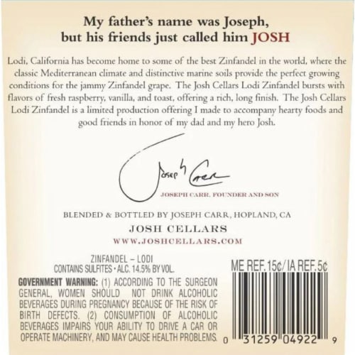 Josh Cellars Zinfandel California Red Wine Perspective: left