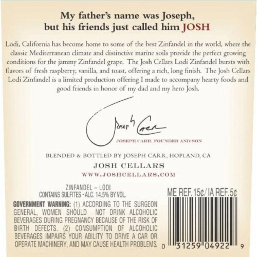 Josh Cellars Zinfandel California Red Wine Perspective: left