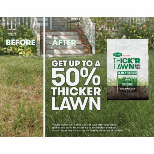 Scotts® Turf Builder® Thick'r Lawn™ 3-in-1 Solution Combination Seed Fertilizer and Soil Improver Perspective: left