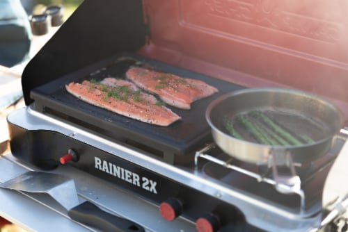 Camp Chef Rainier Camp Stove with Two Burner Grill/Griddle Combo Perspective: left