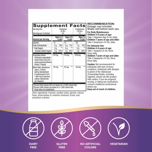 Nature's Way Sambucus Immune Kids Ages 2+ Elderberry Echinacea and Propolis Berry Flavored Syrup Perspective: left