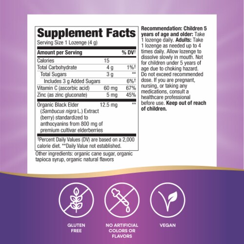 Nature's Way Sambucus Immune Black Elderberry Extract Zinc Vitamin C USDA Certified Organic Lozenges Perspective: left