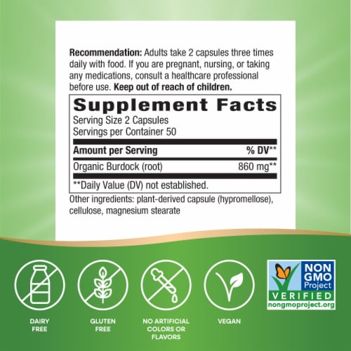 Nature's Way® 475 mg Burdock Root Vegan Capsules Perspective: left
