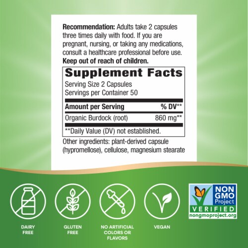 Nature's Way Burdock Root Traditional Joint Support Vegan Capsules 860 mg Per 2 Capsule Serving Perspective: left