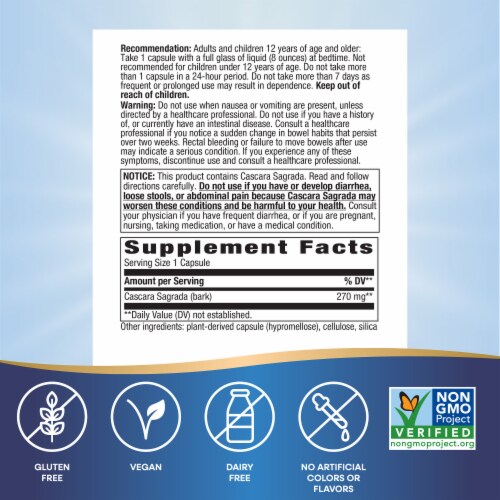 Nature’s Way Cascara Sagrada Bark Occasional Constipation Relief Capsules 270 mg Per Serving Perspective: left