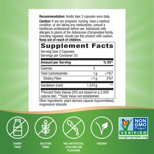 Nature's Way® Dandelion Root 525 mg Capsules Perspective: left